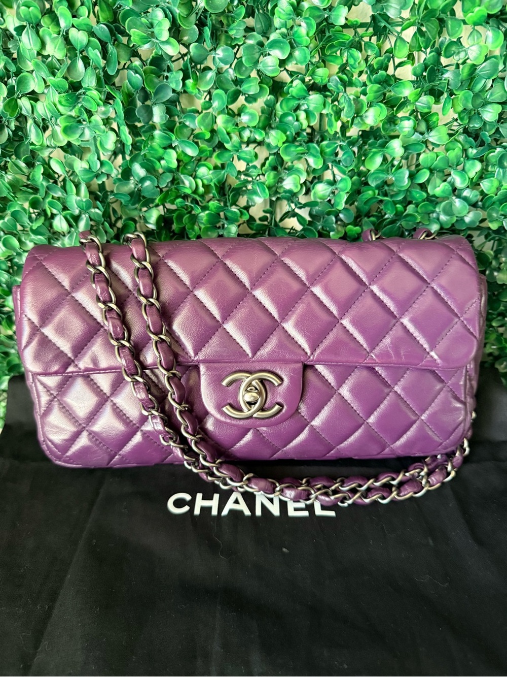 Chanel Purple Quilted Leather Classic Flap East West Shoulder Bag Authentic